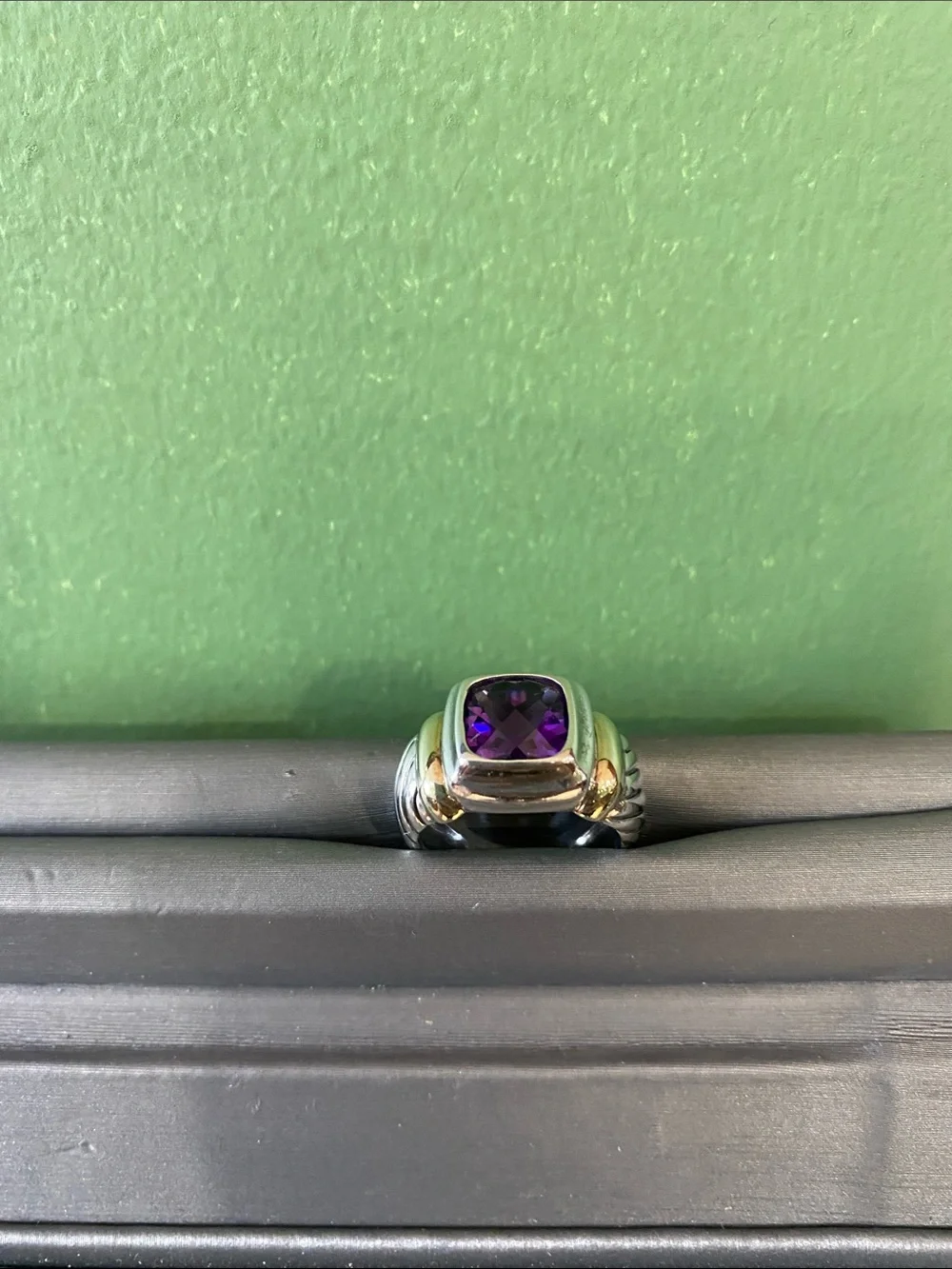 David Yurman Gold & Sterling Silver Ring with Amethst Cushion Ring